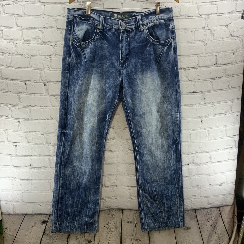 Black Blue Jeans Mens Sz 34 x 34 Acid Wash Hemmed‎ FLAW